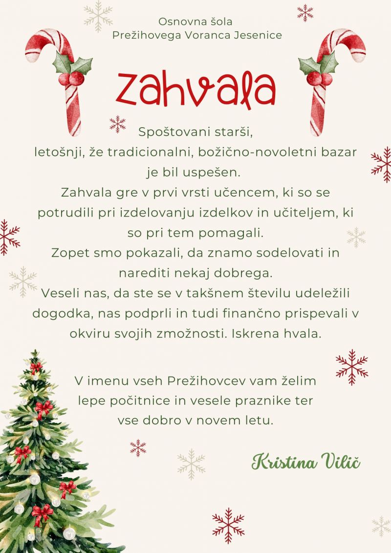 Zahvala za novoletni bazar